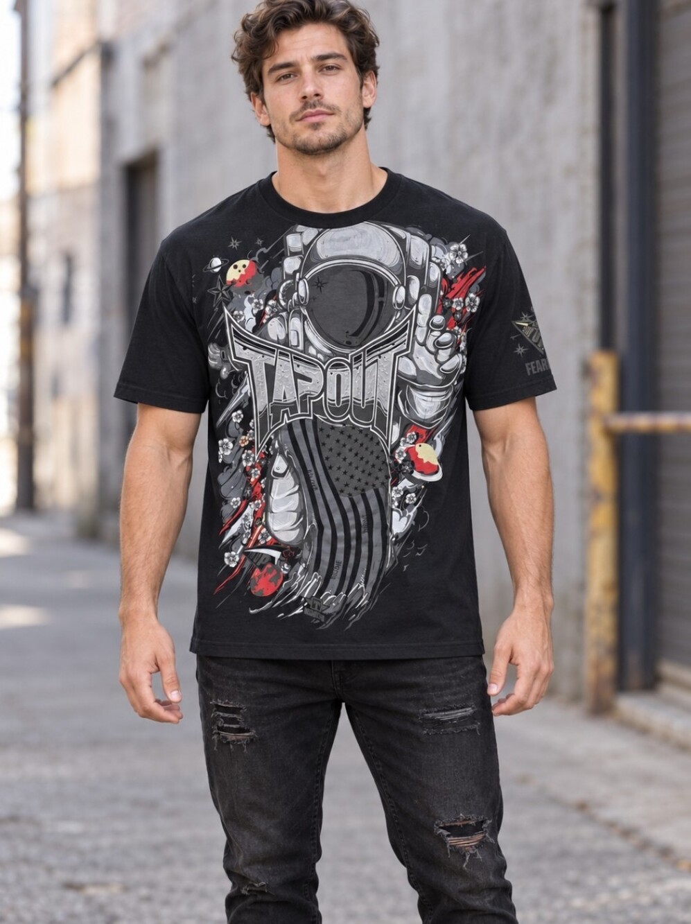 Tapout Men’s Astronaut Space Graphic T-Shirt Black MMA Streetwear Large